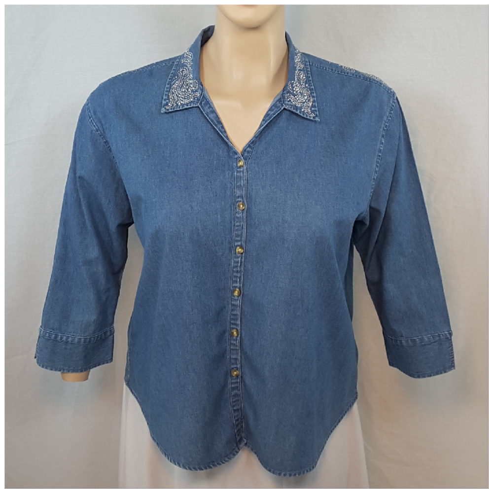 *PLUS* GET LUCKY, Denim Rhinestone Top, size 1X - Picture 3 of 8